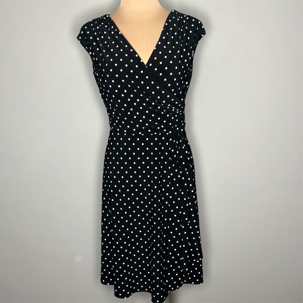 LRL Ralph Lauren Dress 6 Womens Black Polka Dot Cap Sleeve Work Ruched Preppy